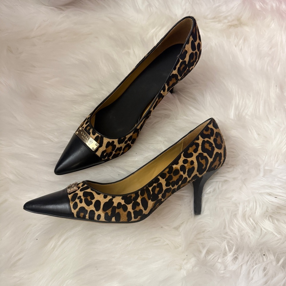 Coach Zan Leopard Print Calf Hair and Leather Pumps Pointed Toe Kitten Heels